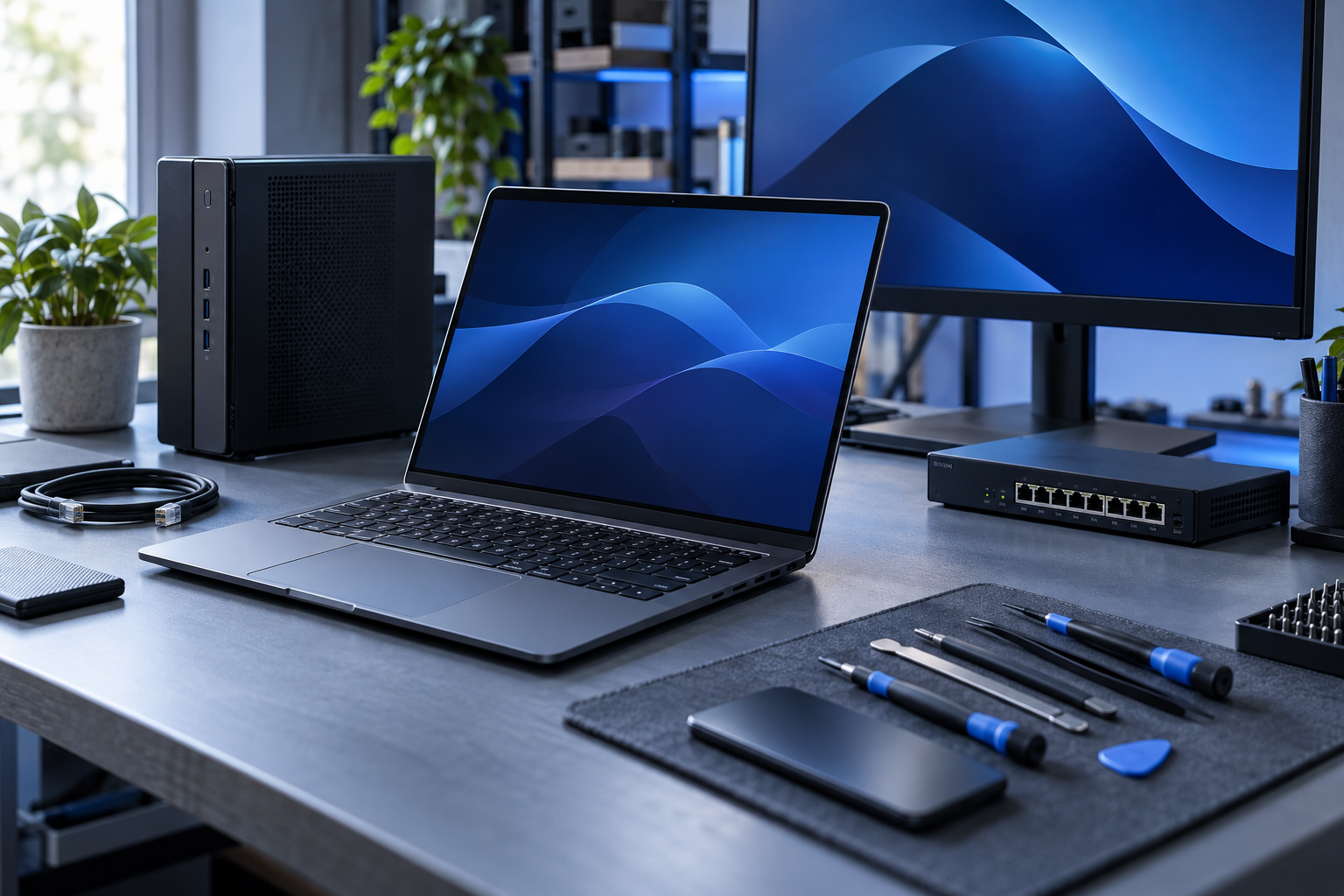 Bancada contemporânea com notebook fino, monitor e equipamentos de informática