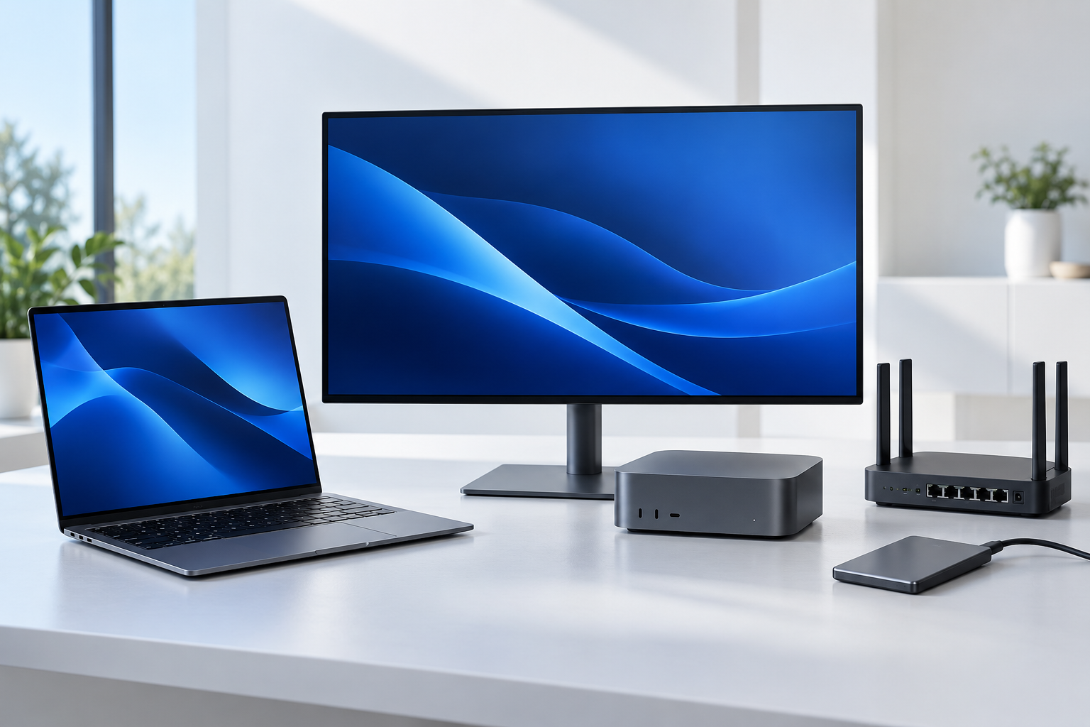 Notebook fino, monitor contemporâneo, desktop compacto e equipamentos atuais de rede e armazenamento